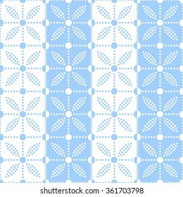 Seamless tiled background of blue and white petals and flowers. Mosaic for ceramics. Dotted pattern. Vector illustration.