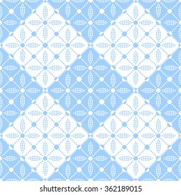 Seamless tiled background of blue and white petals and flowers in square. Mosaic for ceramics. Dotted pattern. Vector illustration.