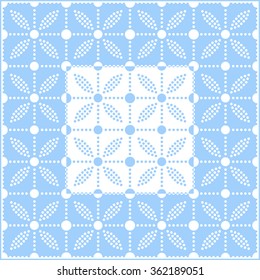 Seamless tiled background of blue and white petals and flowers in square. Mosaic for ceramics. Dotted pattern. Vector illustration.