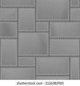 Seamless tiled background with textured metal plates with rivets. Illustration with retro hatching. Steampunk vintage style.