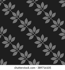 Seamless tiled black and white background with leaves in garlands. Dotted pattern. Vector Illustration. 