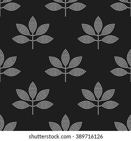 Seamless tiled black and white background with leaves. Dotted pattern. Vector Illustration. 