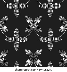 Seamless tiled black and white background of flowers and garlands. Dotted floral pattern. Vector Illustration. 