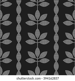 Seamless tiled black and white background with leaves in garlands and chains. Dotted pattern. Vector Illustration. 