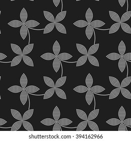 Seamless tiled black and white background of flowers and garlands. Dotted floral pattern. Vector Illustration. 