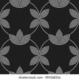 Seamless tiled black and white background with tulip flower and garlands. Dotted pattern. Vector Illustration. 