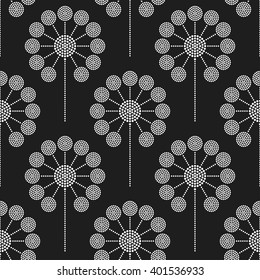 Seamless tiled black and white background of Dandelion flower. Dotted pattern. Vector Illustration. 