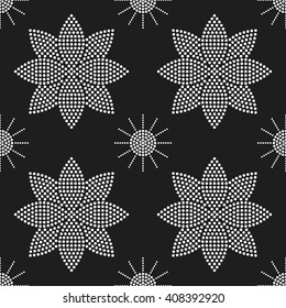 Seamless tiled black and white background of lotus flower and circles mosaic. Dotted pattern. Vector Illustration.