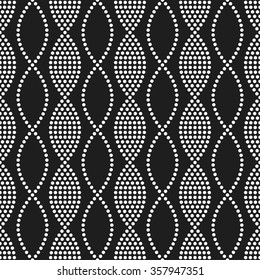 Seamless tiled black and white geometric mosaic chain pattern. Dotted background. Vector illustration.