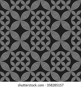 Seamless tiled black and white geometric background of petals and flowers. Grid. Dotted mosaic pattern. Vector illustration.