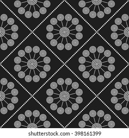 Seamless tiled black and white geometric grid background of circles and garlands. Dotted pattern. Vector Illustration. 