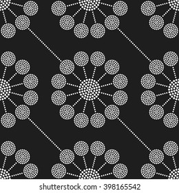 Seamless tiled black and white geometric background of circles and garlands. Dotted pattern. Vector Illustration. 