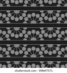 Seamless tiled black and white geometric background of half-circles in garlands. Dotted pattern. Vector Illustration. 