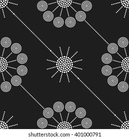 Seamless tiled black and white geometric background of circles and garlands. Dotted pattern. Vector Illustration. 