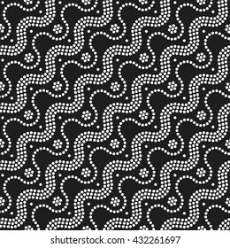 Seamless tiled black and white geometric wavy background of circles and flowers in garland. Dotted pattern. Vector Illustration. 