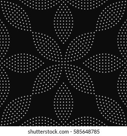 Seamless tiled black and white geometric background of petals and flowers made of stars. Grid. Starry mosaic pattern. Vector illustration.