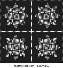 Seamless tiled black and white grid background of lotus flower and garlands mosaic. Dotted pattern. Vector Illustration.