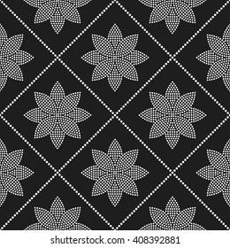 Seamless tiled black and white grid background of lotus flower and garlands mosaic. Dotted pattern. Vector Illustration.