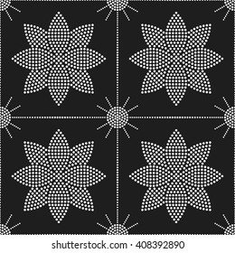 Seamless tiled black and white grid background of lotus flower, circles and garlands mosaic. Dotted pattern. Vector Illustration.
