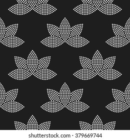 Seamless tiled black and white mosaic background of lotus flower in garlands. Dotted pattern. Vector Illustration.