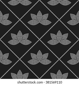Seamless tiled black and white mosaic background of lotus flower and garlands in square. Dotted pattern. Vector Illustration.