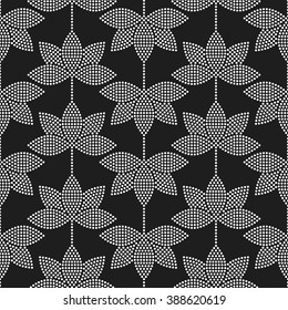 Seamless tiled black and white mosaic background of lotus flower in garlands. Dotted pattern. Vector Illustration.