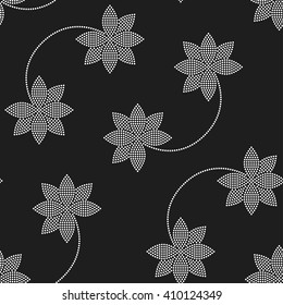 Seamless tiled black and white mosaic background of lotus flower in garlands. Dotted pattern. Vector Illustration.