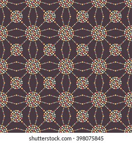 Seamless tiled chocolate color background of small and big colorful circles in garlands. Beautiful geometric lattice. Dotted lace pattern. Vector Illustration. 