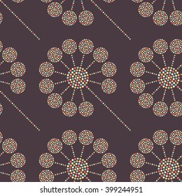 Seamless tiled chocolate color background of colorful Dandelion flower. Dotted pattern. Vector Illustration. 