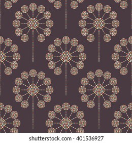 Seamless tiled chocolate color background of colorful Dandelion flower. Dotted pattern. Vector Illustration. 