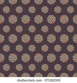 Seamless tiled chocolate color geometric background of colorful small and big circles. Dotted pattern. Vector Illustration. 