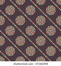 Seamless tiled chocolate color geometric background of colorful circles and garlands. Dotted pattern. Vector Illustration. 