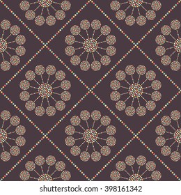 Seamless tiled chocolate color geometric background of colorful small and big circles and garlands in square. Dotted pattern. Vector Illustration. 