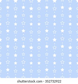Seamless tiled Christmas blue geometric linear pattern of white stars and dots in garlands. Beads. New year gift paper background. Vector illustration.