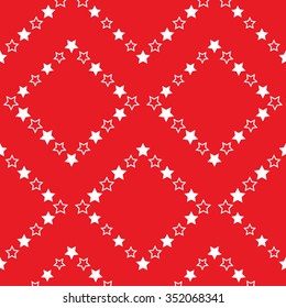 Seamless tiled Christmas red geometric zigzag pattern of white stars in garlands. Beads. New year gift paper background. Vector illustration.