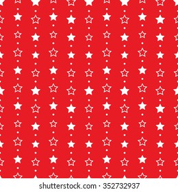 Seamless tiled Christmas red geometric pattern of white stars in garlands. Beads. New year gift paper background. Vector illustration.