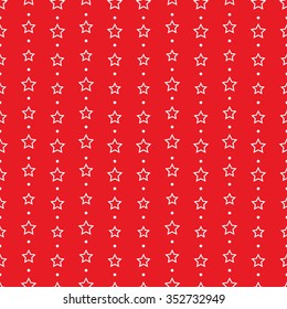 Seamless tiled Christmas red geometric pattern of white stars and dots in garlands. Beads. New year gift paper background. Vector illustration.