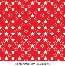 Seamless tiled Christmas red geometric pattern of white stars and snowflakes in garlands. New year gift paper background. Vector illustration.