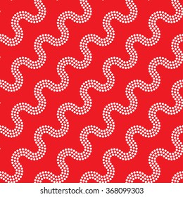 Seamless tiled Christmas red geometric wavy background of circles in garland. Dotted pattern. Beads. Vector Illustration. 