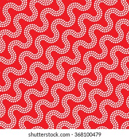 Seamless tiled Christmas red geometric wavy background of circles in garland. Dotted pattern. Beads. Vector Illustration. 