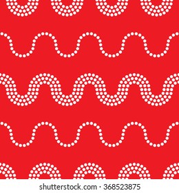 Seamless tiled Christmas red geometric wavy background of circles in garland. Dotted pattern. Beads. Vector Illustration. 