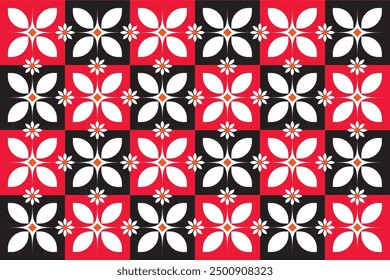 Seamless tiled geometric floral pattern combination of alternating red and black squares background