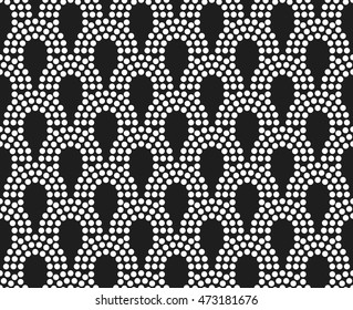 Seamless tiled geometric pattern of dotted loops. Beads. Trellis. Abstract Black and white Background. Vector illustration.