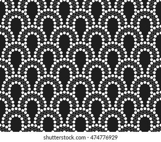 Seamless tiled geometric pattern of dotted loops. Beads. Abstract Black and white Background. Vector illustration.