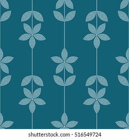 Seamless tiled geometric pattern of dotted flowers and leaves. Beads. Garlands. Floral motif. Abstract mosaic background. Vector illustration.