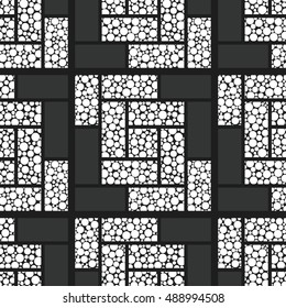 Seamless tiled geometric pattern of intersected squares filled with dots in chaotic manner. Parquet. Oriental culture inspired repeating Black and white background. Vector illustration.