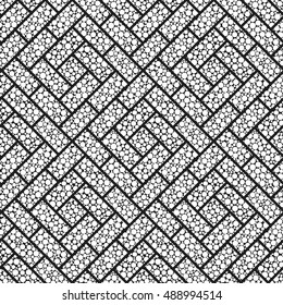 Seamless tiled geometric pattern of intersected squares filled with dots in chaotic manner. Parquet. Oriental culture inspired repeating Black and white background. Grid. Vector illustration.