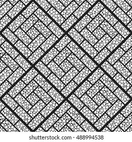 Seamless tiled geometric pattern of intersected squares filled with dots in chaotic manner. Parquet. Oriental culture inspired repeating Black and white background. Grid. Vector illustration.
