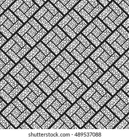 Seamless tiled geometric pattern of intersected squares filled with dots in chaotic manner. Parquet. Oriental culture inspired repeating Black and white background. Grid. Vector illustration.