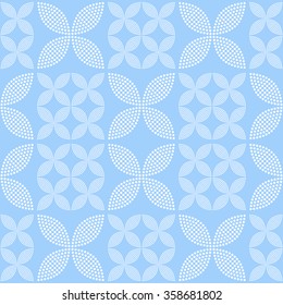 Seamless tiled monochrome blue background with white petals and flowers. Mosaic for ceramics. Dotted pattern. Vector illustration.